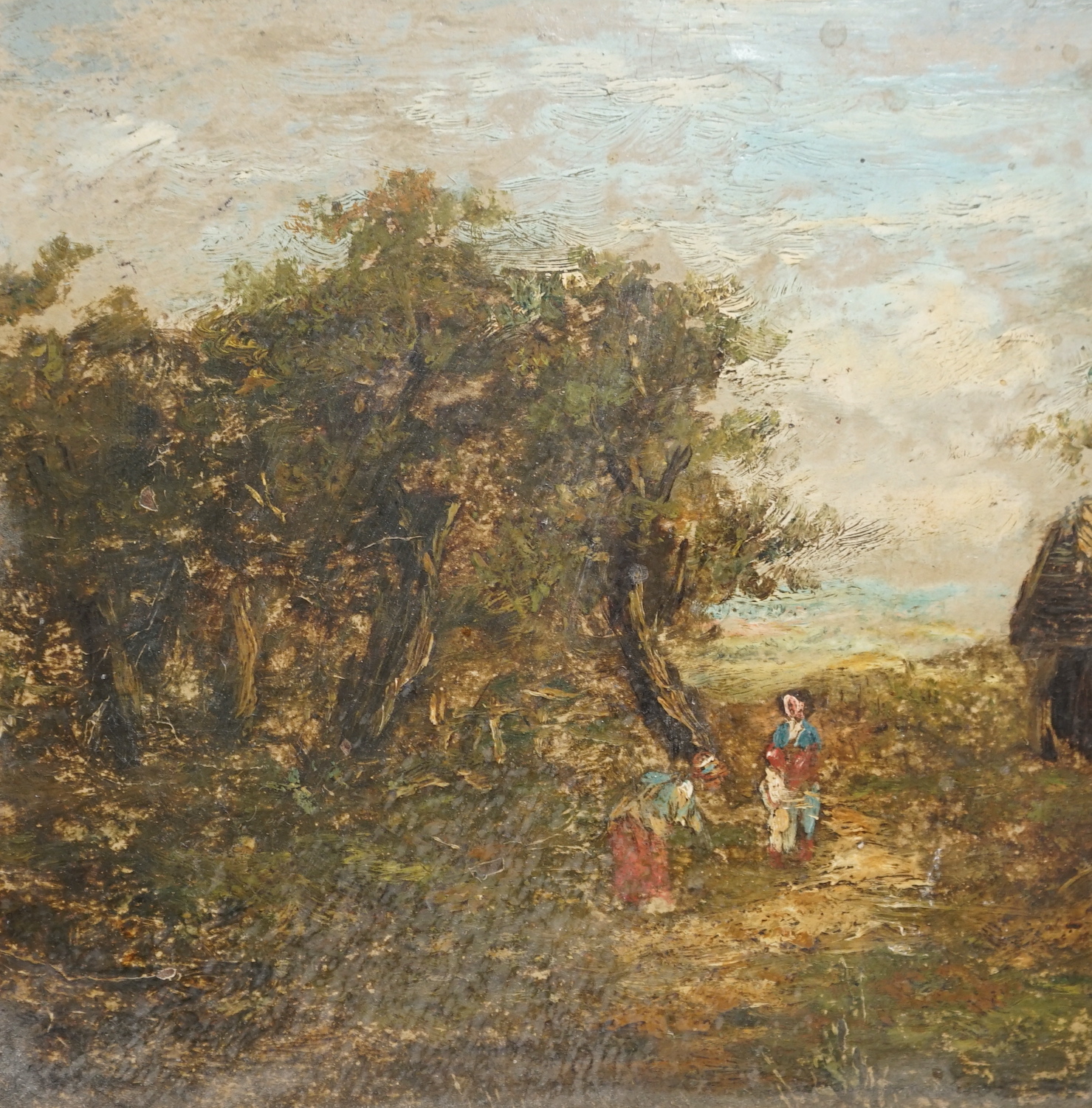 After John Constable RA (1776-1837) small oil on board, pastoral landscape with figures, 14.5 x 14.5cm